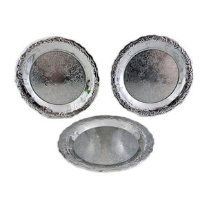 3 Small Nickel Plated Embossed Round Platters Trays Etched Ornate Grapes